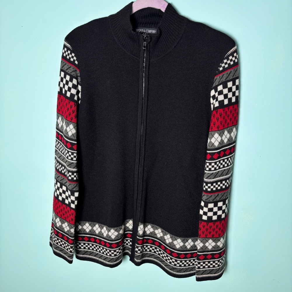 Kasper & Company ASL Black Red Holiday Geometric‎ Zip Up Sweater Women's Medium